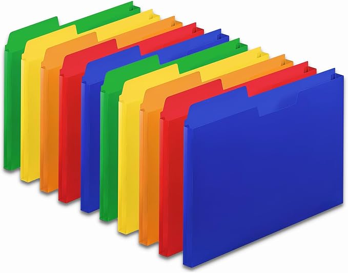 1InTheOffice Plastic File Folders Letter Size 1/3 Cut Tab, Poly File Pockets, Assorted Colors (10 Pack)