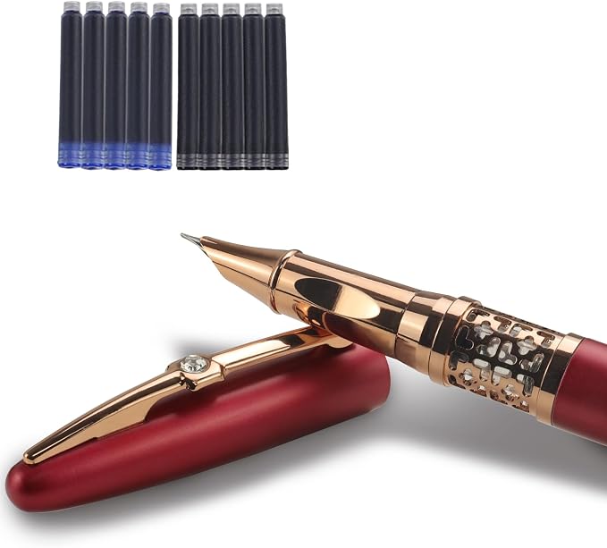 YUNCHUN Refillable Fountain Pen Fine Nib, Fancy Ink Pen with 10 Black & 10 Blue Ink Refills Cartridges, Cool Ink Pens for Writing, Business Metal, Best Gift Set for Men & Women, Red