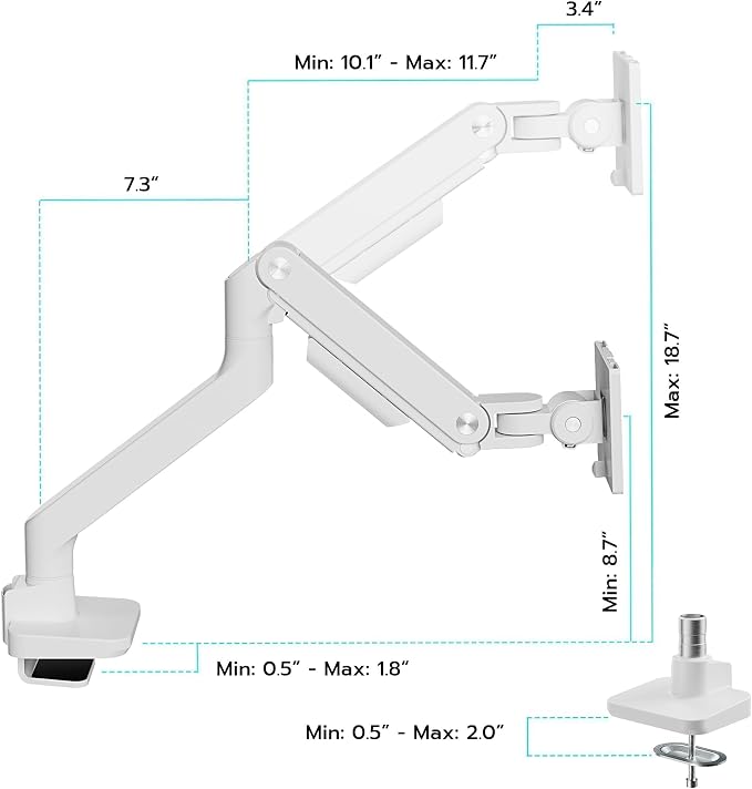 ARES WING Ultrawide Monitor Arm for 17 to 49 Inch and 44 Lbs Screen, White | Pro Gas Spring, Full Range of Motion, for 75/100 Vesa Mount, for Samsung, LG Curved/Flat Monitor, with C Clamp, Grommet Base