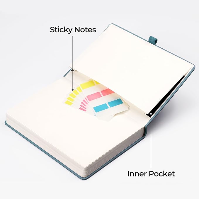 EMSHOI Lined Journal Notebook, 320 Numbered Pages, A5 Size (5.7'' x 8.3'') | Leather Hardcover, 100 GSM Thick Paper, for Women & Men, Journaling, Writing, Work & Office, Sun Debossed (Light Blue)