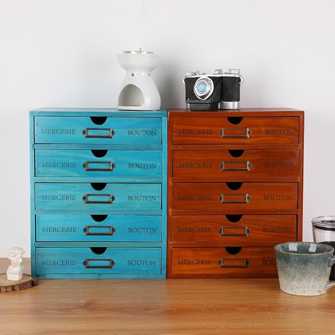 Wooden Storage Box with 5 Drawers Apothecary Drawers Vintage Wooden Drawers Wood Desktop Organizer with Drawer Library Card Catalog Cabinet Apothecary Cabinet (BLUE)