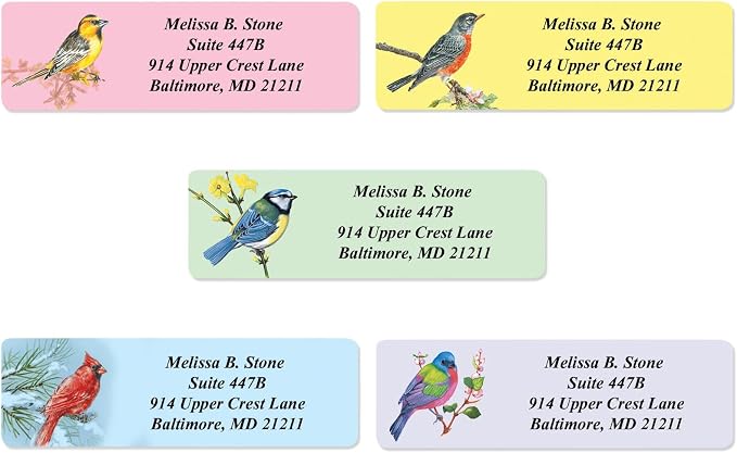 Birds Designer Assorted Rolled Address Labels with Elegant Plastic Dispenser