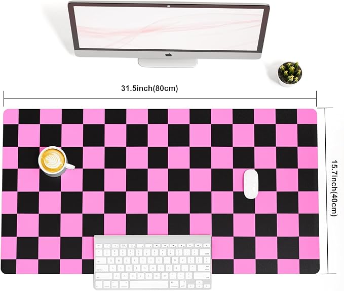 Colorful Star Black Pink Plaid PU Leather Mouse Pad, 31.5" x 15.7" | Waterproof Office Desk Mat, Non-Slip Gaming Mouse Pad, XXL PC Laptop Protector Pads, Desk Writing Pads for Office Home
