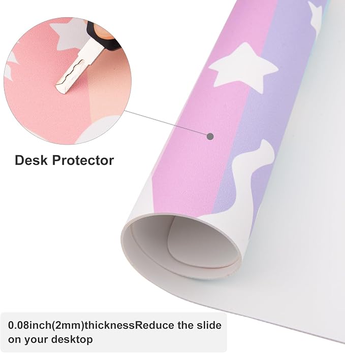 Colorful Star Pink Unicorn PU Leather Waterproof Desk Pad, 31.5" x 15.7" | Girls Women Cute Desk Mat, Rainbow Desk Accessories Kawaii Office Décor, Non-Slip Large Writing Mat for Kids