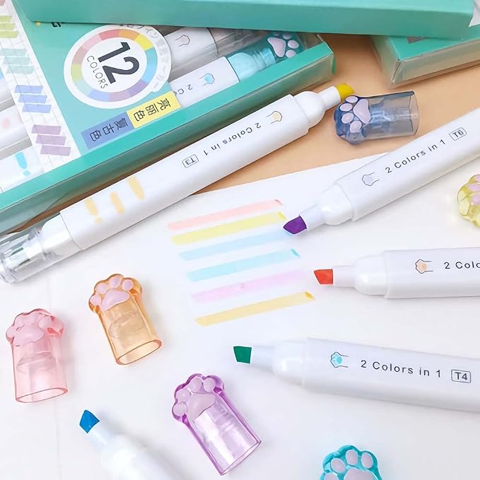 Double-headed Cute Light color eye protection Highlighter Markers, 6-Pack of 12 Flat Heads, Bright and Vintage Markers for School Office Journal Supplies (12 colors double head)