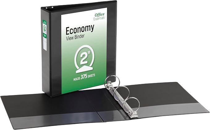 Office Essentials Economy View 3 Ring Binders, 2" Round Rings, 2.8" Spine, 375-Sheet Capacity, Black Binders (12-Pack of 03429)