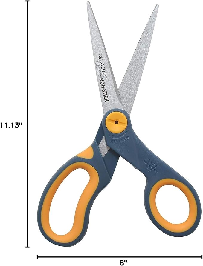 Westcott 8-Inch Non-Stick Titanium Scissors For Office and Home - Glide Adjust Technology - Grey/Yellow Craft, Fabric Scissors - 3 Pack