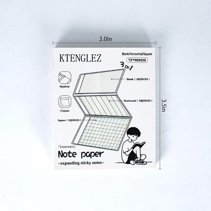 Functional Tabbed StickyNotes Booklet 60 Sheets (Square/Blank/Lined Paper)/Pad 3x3.5 Cute Sticky Notes with Transparent Adhesive Strip Top Great for Home Office School Supplies