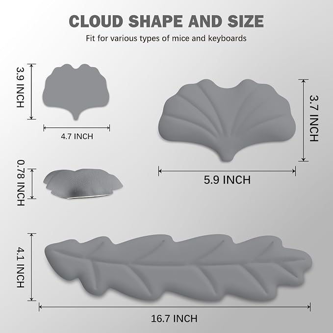 Keyboard Wrist Rest Pad Set, Leaf Shape PU Leather Memory Foam Wrist Cushion Support,Mouse Wrist Rest Pad,Non-Slip Wrist Support for Easy Typing Pain Relief, Grey Leaf