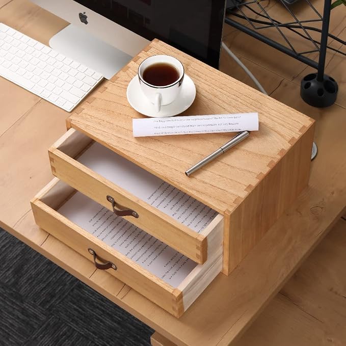 DDYURI Wooden Desk Organizer with 2 Drawers - Desktop Storage Drawers for Office Supplies File Paper Storage - Wood Chest/Small Cabinets for Jewelry Dresser Kitchen Counter (FAX2C-LT)
