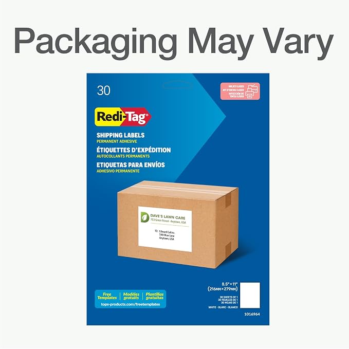 Redi-Tag 8.5" x 11" Shipping Labels, 30 per Pack, White, Laser and Inkjet Full Sheet Printer Labels, Self-Adhesive, Permanent Stick, Smudge-Resistant, Perfect for Shipping, Mailing, and Warehouse Use