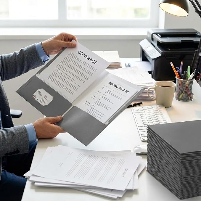 Zzrywuty File folders with Pockets,Gray Two folders for documents,25 Pack Paper Folders with Card Slot,Letter Size,School Students,Business,Home and Office Workers