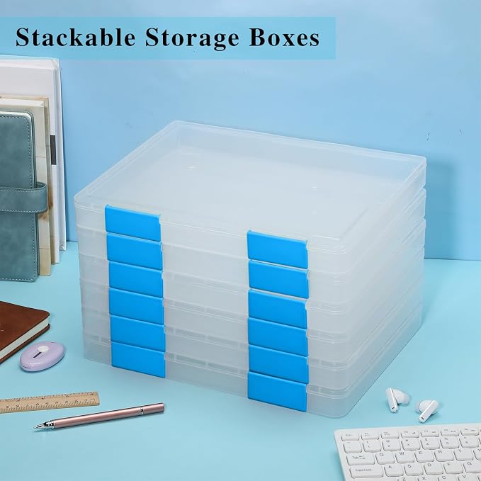 PerKoop 6 Pcs Clear Paper Storage Box,12.4 x 9.84 x 1.18 Inches,Blue | A4 Plastic File Box Document Paper Organizer Storage Board Game Project Cases Containers with Buckle for Craft, Magazine