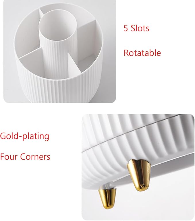 Desk Pencil Pen Holder, 5 Slots 360°Degree Rotating Pencil Pen Organizers for Desk, Desktop Storage Stationery Supplies Pencil Cup Pot for Office School Home Art Supply. (White)
