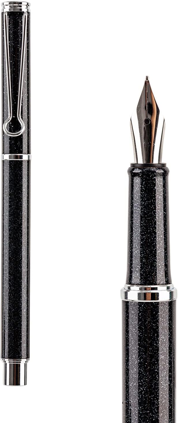 AIHAO Refillable Fountain Pen, Fine Point, Metal Fountain Pen with Gift Box, Black Ink, 2 Ink Cartridges in one Set, Pearl Black Metal Pen.Fountain Pens for Writing