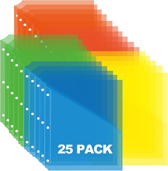 Seashell 25 Pack Poly Translucent Slash File Jacket,3 Hole Punch Binder Organizer Pockets,Letter Size, Assorted Colors,Plastic Binder Pockets Sleeves