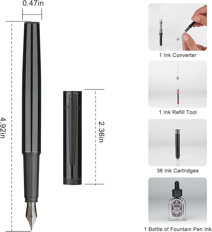 Fountain Pen Set, Elegant Executive Fine Nib Pen with Ink Converter, Refill Tool, Black & Assorted Cartridges, Bottled Ink, Gift for Journaling, Writing, Office and Beginners (All Black)