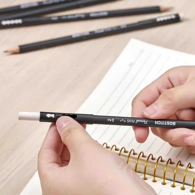 Bostitch, Wood-Cased Pencil Plus, Retractable Eraser, American Cedar Wood, #2 HB, Round, Matte Black, Pre-sharpened, Twenty Pack