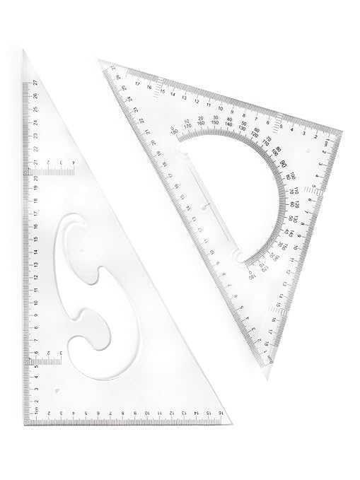 Clear Plastic Triangle Ruler Set, Extra Large Layout Drafting Geometry Square (45 & 30/60 Degrees) with Built-in Protractor & French Curve, Metric cm/mm Scales, Back to School Supplies