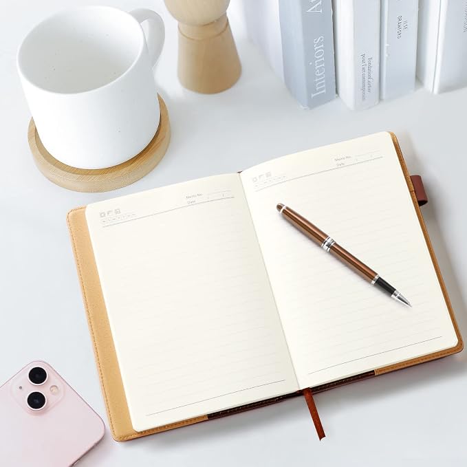 A5 Lined Leather Notebook and Pen Set with Gift Box, 240 Pages Refillable Journal with Pocket and Magnetic Buckle, Hardcover Daily Diary for Men and Women Business Travel Personal Writing- Brown