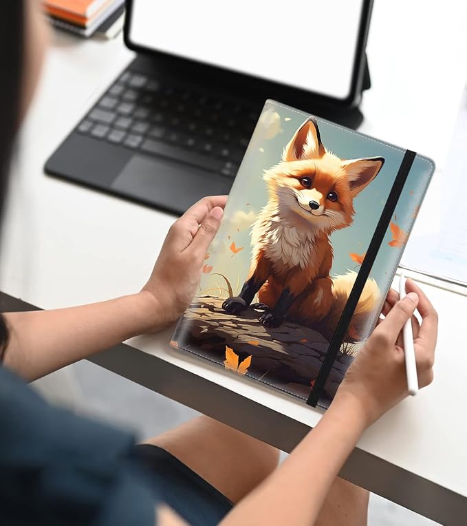 A5 Leather Lined Journal Notebook, 200 Pages Hardcover Executive Notebook for Men Women Office School Note Taking, Thick Writing Paper Daily Journal with Bookmarks/Indexes, Cute Fox