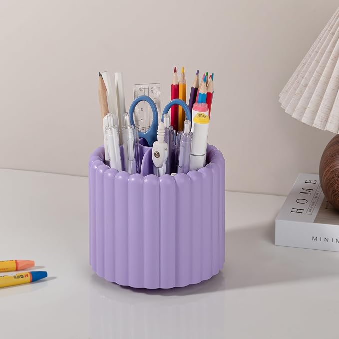 Rotating Makeup Brush Holder Organizer with Removable Dividers, Purple | 7 Slots Make Up Brush Organizer 360 Spinning Cosmetic Storage Pen Holder for Desk, Vanity, Dresser