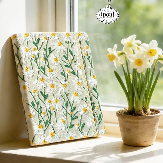 Daisy Gifts, Embroidered Journal, Floral Notebook, A5, 8"x6", Lined, Wide Ruled Paper, Hardcover, Lay Flat, Pretty Journal for Women, Personal Journal, White Daisy Flowers, with Elastic Band