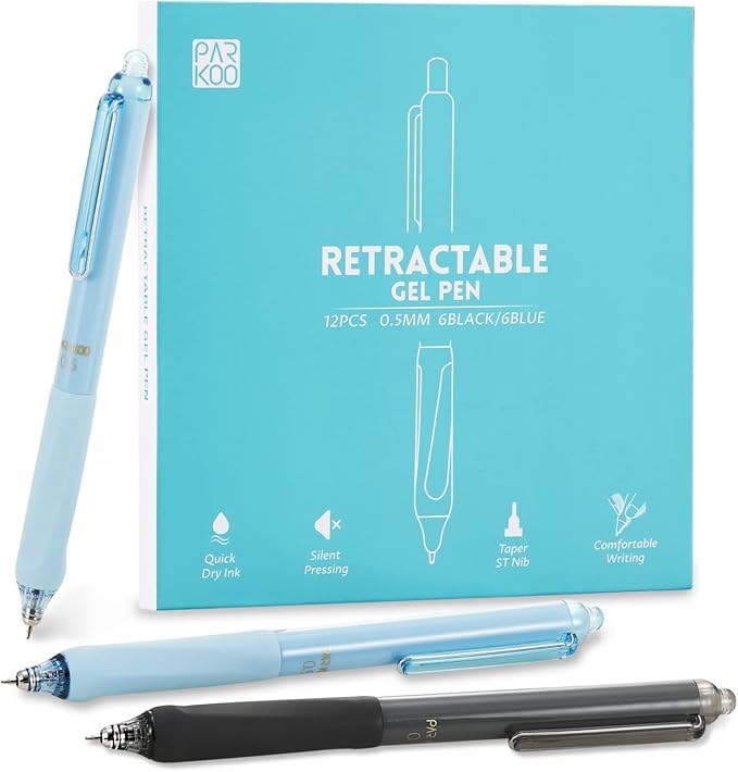 ParKoo Gel Pens Quick Dry Ink Fine Point 0.5mm, Retractable Rolling Ball 6 Black/6 Blue Ink Pen, Click Silent Pens Set for Journaling Notetaking Drawing Sketching Smooth Writing Non Bleed 12pcs