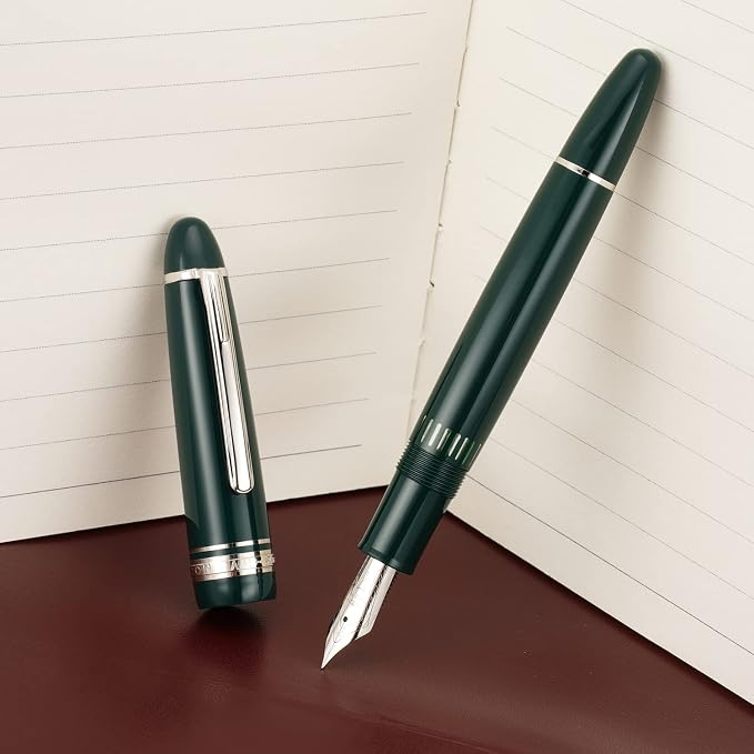 erofa Majohn P136 Piston Fountain Pen Fine Nib with Box, Green Resin Writing Pen Set
