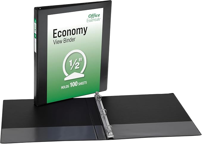Office Essentials Economy View 3 Ring Binders, 0.5" Round Rings, 0.7" Spine, 100-Sheet Capacity, Black Binders (12-Pack of 03423)