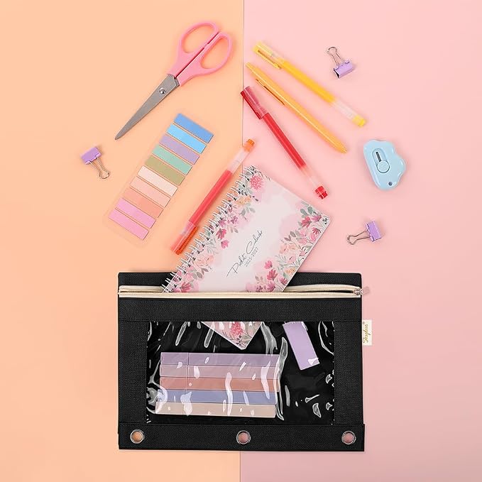 SKYDUE Pencil Pouch for 3 Ring Binder, Zipper Pencil Pouches for Girls Boys, Clear Window Pencil Bag, 3 Ring Pencil Pouch Case for Binder, Durable Organizer for School Supplies