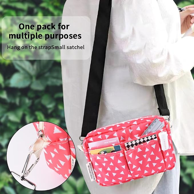 E-WEICHEN Multiple Pockets Portfolio Organizer with Zippered, Makeup Bag Travel Essentials for Women, Simple Waterproof Stationery Pencil Pouch Bag for Journal Office Art Supplies.Pink Triangle
