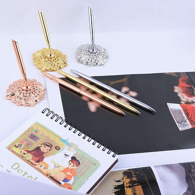 Hollow Round Pen Holder Signing Pen Set for Wedding Bridal Engagement Valentine's Day Favors,Golden 2 Pcs…