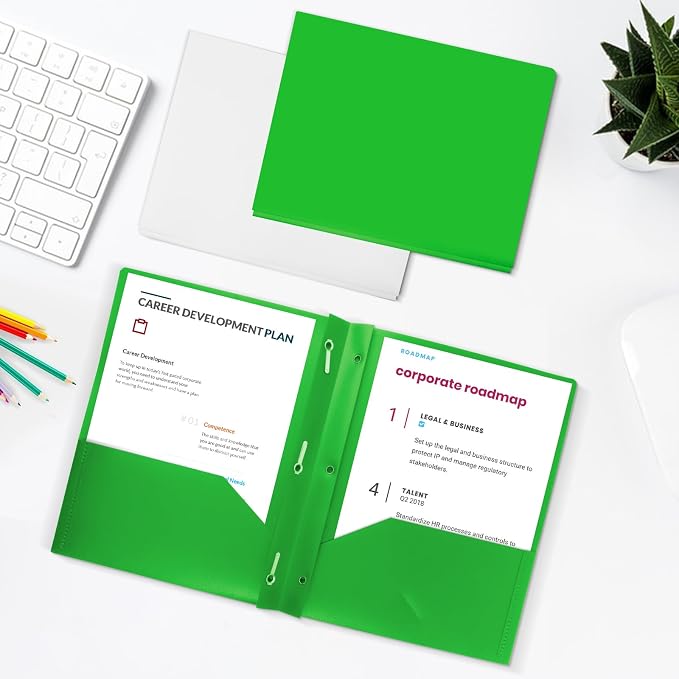 60-Pack Plastic Folders with Pockets and Prongs,2-Pocket Poly Folders with 3 Fasteners Holds 8-1/2" x 11" Paper for School/Office/Home, Green