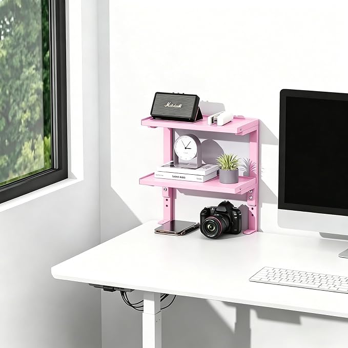 2-Tier Desk Shelf, Expandable Under Desk Storage, Clamp on Desk Shelf, Desktop Accessories for Offices, Study Rooms, and Game Rooms (Pink)