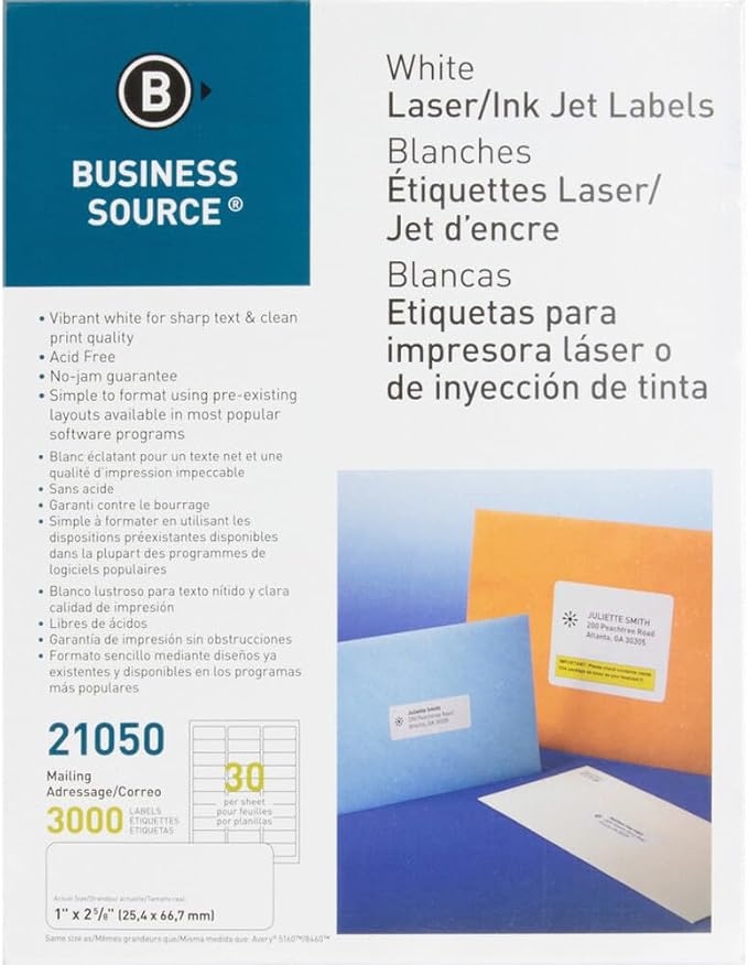 Business Source™ Mailing Laser Label, 1x2-5/8, 3000/PK, White