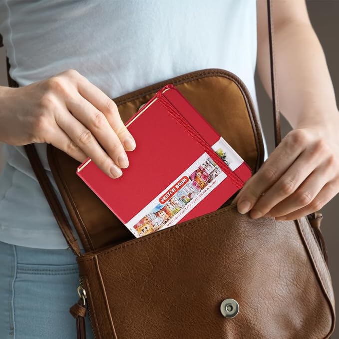 5x5" Pocket Sketch Book,80gsm Hardcover Art Sketchbook for Drawing Journal | PU Cover,Blank Paper,96Sheets/192Pages,Lay-Flat,Portable Travel Creation Paint Diary Memo Planner,Dry Media.Red