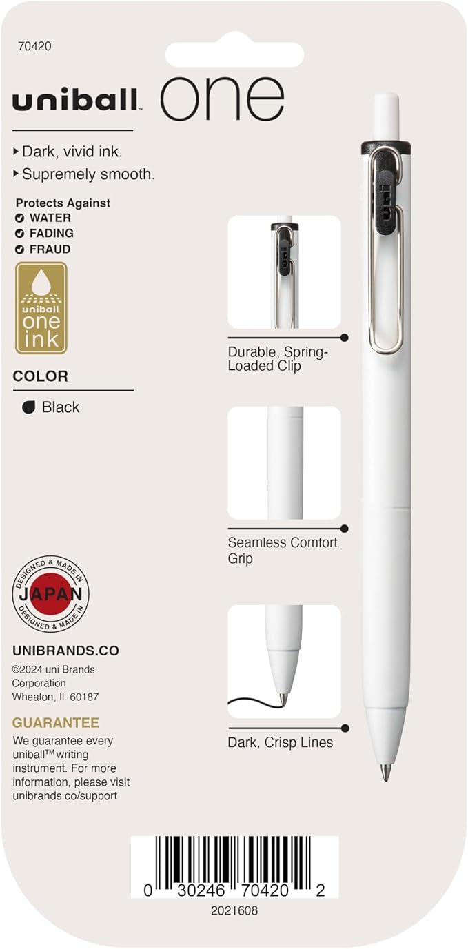 uniball™ one Retractable Gel Pens, Medium Point (0.7mm), Black Ink, 5 Pack | Ink stays on top of paper fibers for crisp vivid lines, wire pocket clip, color indicator top, smooth barrel & rubber grip