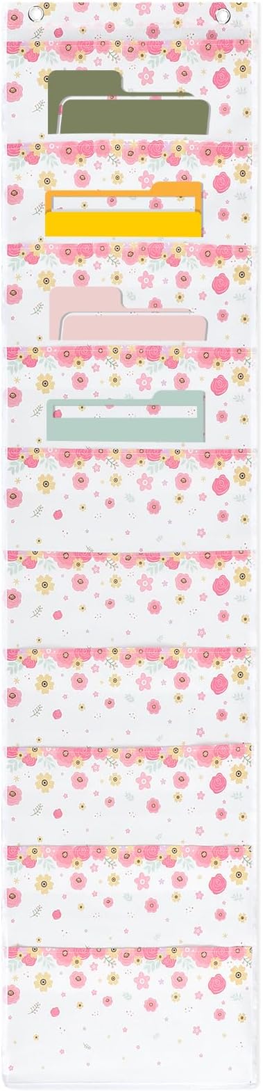MotiMind 10 Wildflower Pockets Wall Hanging File Folders File Storage Pocket Chart for Classroom Hanging Wall Organizer with 2 Over The Door Hangers, 58" x 14" for School Classroom Office Home