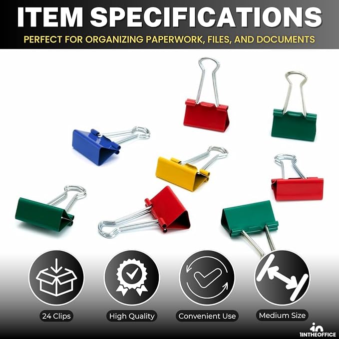 1InTheOffice Medium Binder Clips, Paper Clamps, Colored Binder Clips, 5/8" Capacity, Assorted Color, 24 Pack