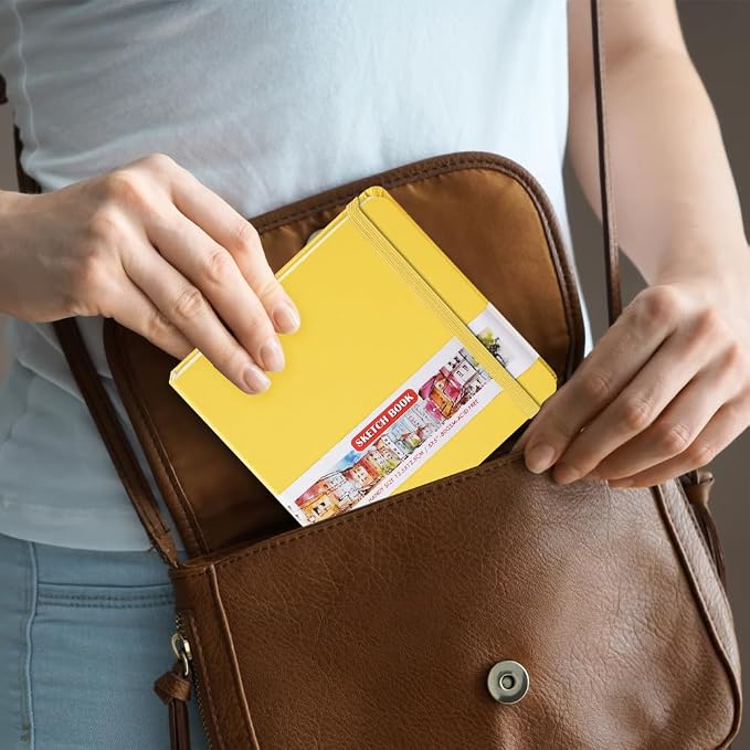 5x5" Pocket Sketch Book,80gsm Hardcover Art Sketchbook for Drawing Journal | PU Cover,Blank Paper,96Sheets/192Pages,Lay-Flat,Portable Travel Creation Paint Diary Memo Planner,Dry Media.Yellow