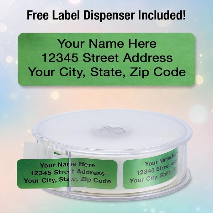Colorful Images Green Metallic Foil Rolled Return Address Mailing Labels with Dispenser, Customize with Name & Shipping Address, 250 Self Adhesive, Easy Peel Sticker Label Roll, 3/4" x 2 1/2"