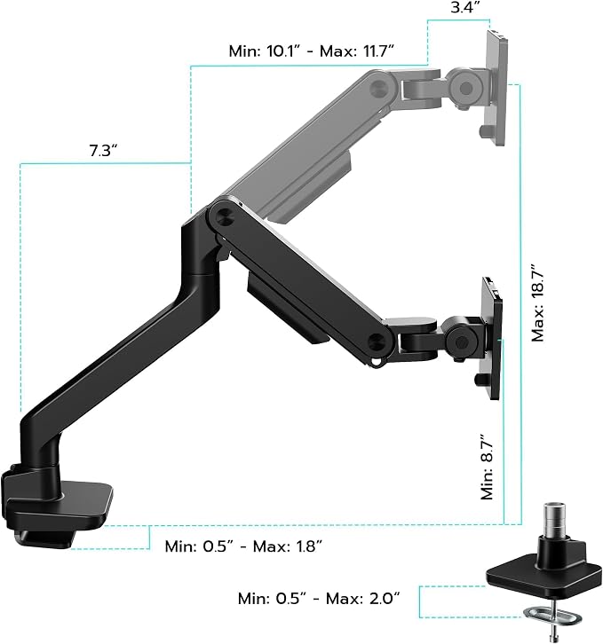 ARES WING Ultrawide Monitor Desk Arm for 17 to 49 Inch Screen, Holds 44 Lbs | Pro Gas Spring, Full Range of Motion, for 75/100 Vesa Mount, for Samsung, LG Curved/Flat Monitor, with C Clamp, Grommet Base