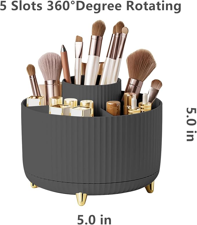360 Degree Rotating Makeup Brush Holder Organizer Detachable Design 5 Slot Make up Brushes Cup for Cosmetics and Pencil Pen Organizer for Desk Makeup Organizer Skincare Storage for Vanity(Black)