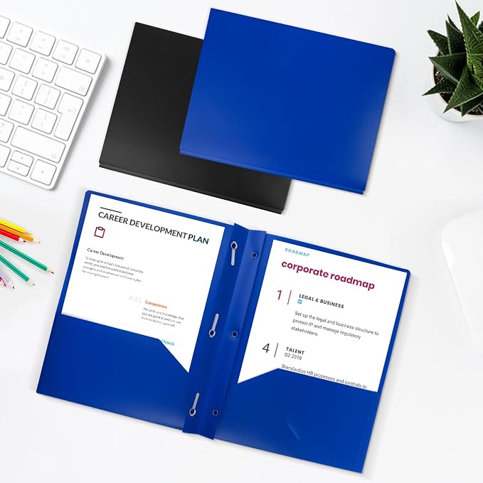 12-Pack Plastic Folders with Pockets and Prongs, 2-Pocket Poly Folders with 3 Fasteners Holds 8-1/2" x 11" Paper for School/Office/Home, Blue