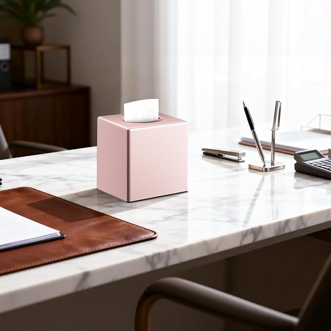 Y-in Hand Tissue Box Cover, Modern Square Facial Storage Tissue Box Holder, Home Accessories for Bathroom Vanity Countertops, Dressers, Night Stand, Parlors and Office - Pink