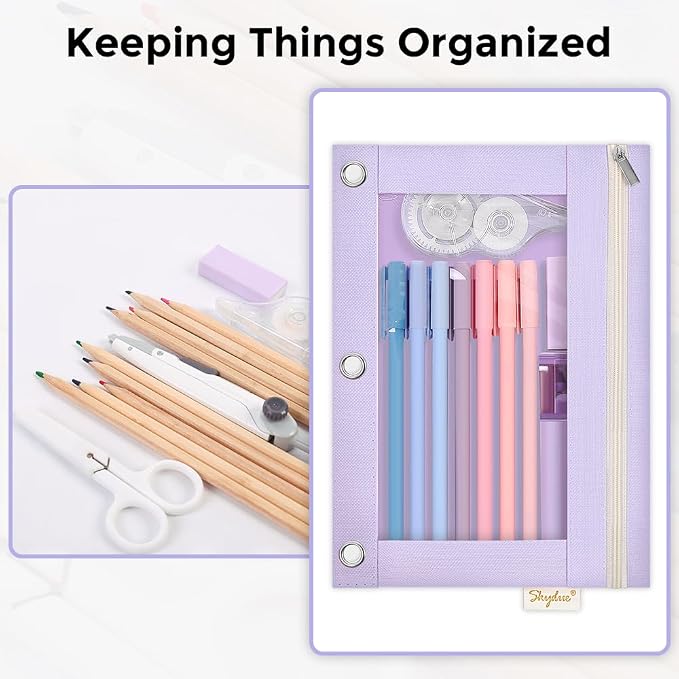 SKYDUE Pencil Pouch for 3 Ring Binder, Zipper Pencil Pouches for Girls Boys, Clear Window Pencil Bag, 3 Ring Pencil Pouch Case for Binder, Durable Organizer for School Supplies