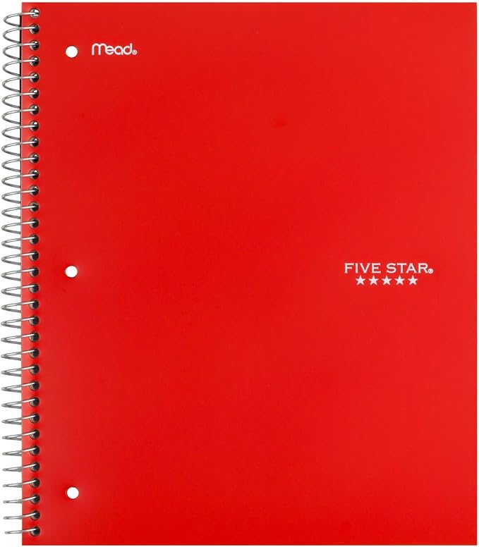Five Star Spiral Notebook + Study App, 6 Pack, 1 Subject, Wide Ruled Paper, 8" x 10-1/2", 100 Sheets, Fights Ink Bleed, Water Resistant Cover, Assorted Colors (38042)