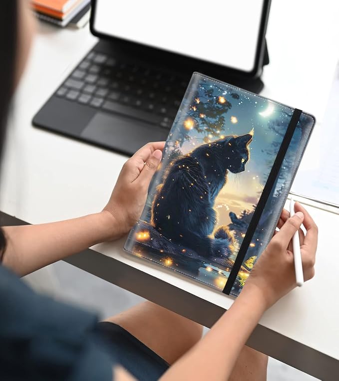 A5 Leather Lined Journal Notebook, 200 Pages Hardcover Executive Notebook for Men Women Office School Note Taking, Thick Writing Paper Daily Journal with Bookmarks/Indexes,Cute Black Cat