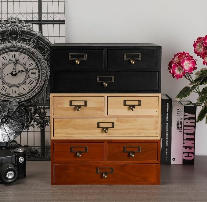 Wooden Storage Box Countertop Drawers Vintage Wooden Drawers Apothecary Cabinet Wood Desktop Organizer Box Library Card Catalog Cabinet(BROWN03)